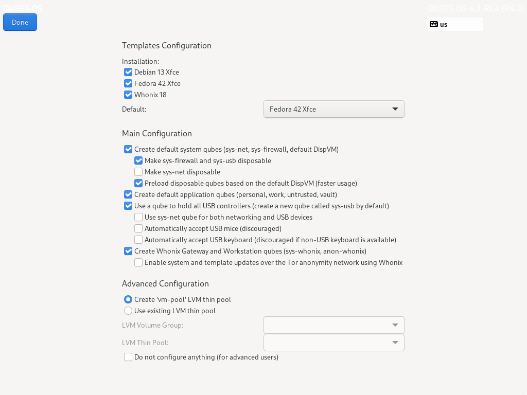 Initial configuration menu