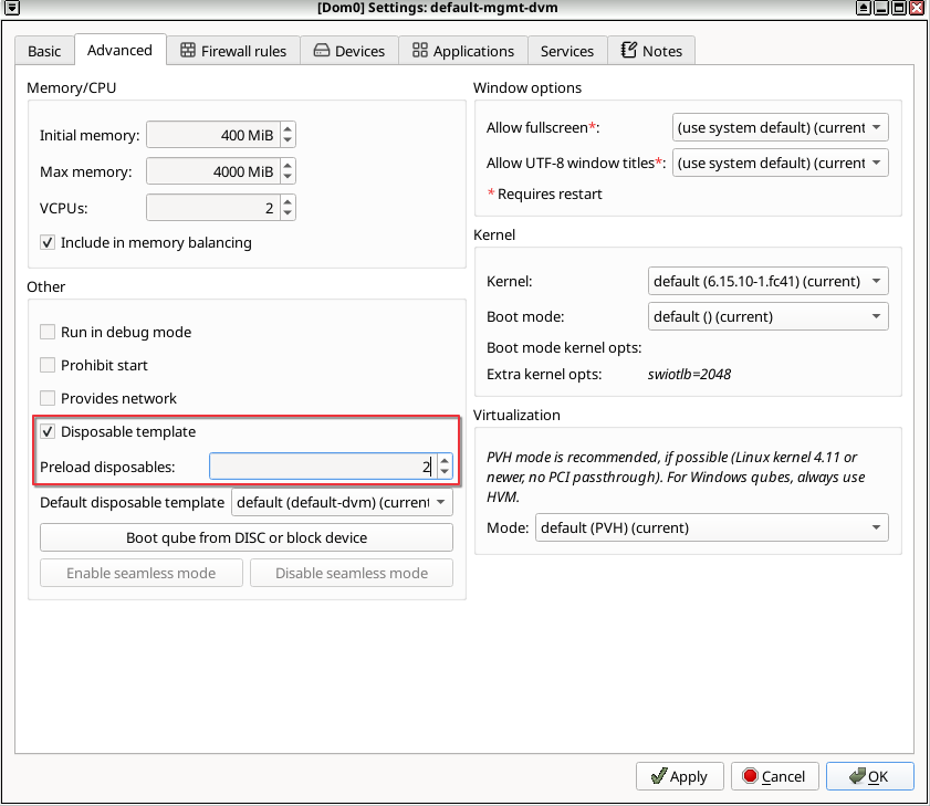 Qube settings of ``default-mgmt-dvm`` with preloaded disposable setting configured to ``2``.
